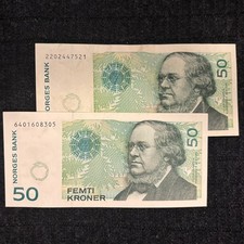 Set of 2 x Norway 50 kroner banknotes P-46 (1998, 1999) - EX and XF