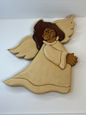 Handmade 3D Wooden Angel Wall Hanging Art Decor Wood Inlay Sculpture Christmas