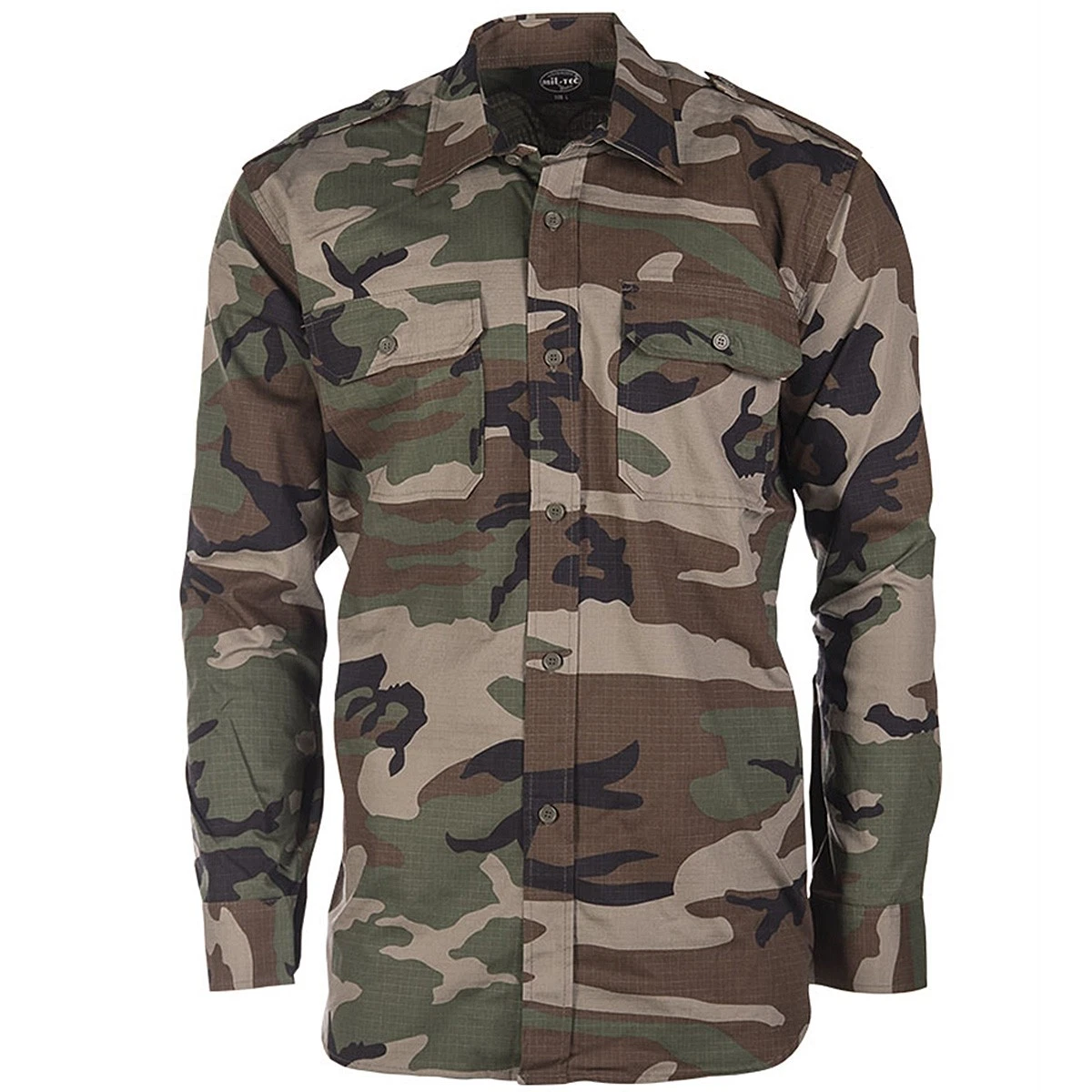 Camicia Tattica Uomo Mimetica Woodland - Giacca Esercito Manica Lunga Slim Fit Con Cerniera, Tessuto Misto Cotone E Spandex, Tasche Sulle Maniche, Per Airsoft Caccia E Trekking - 3