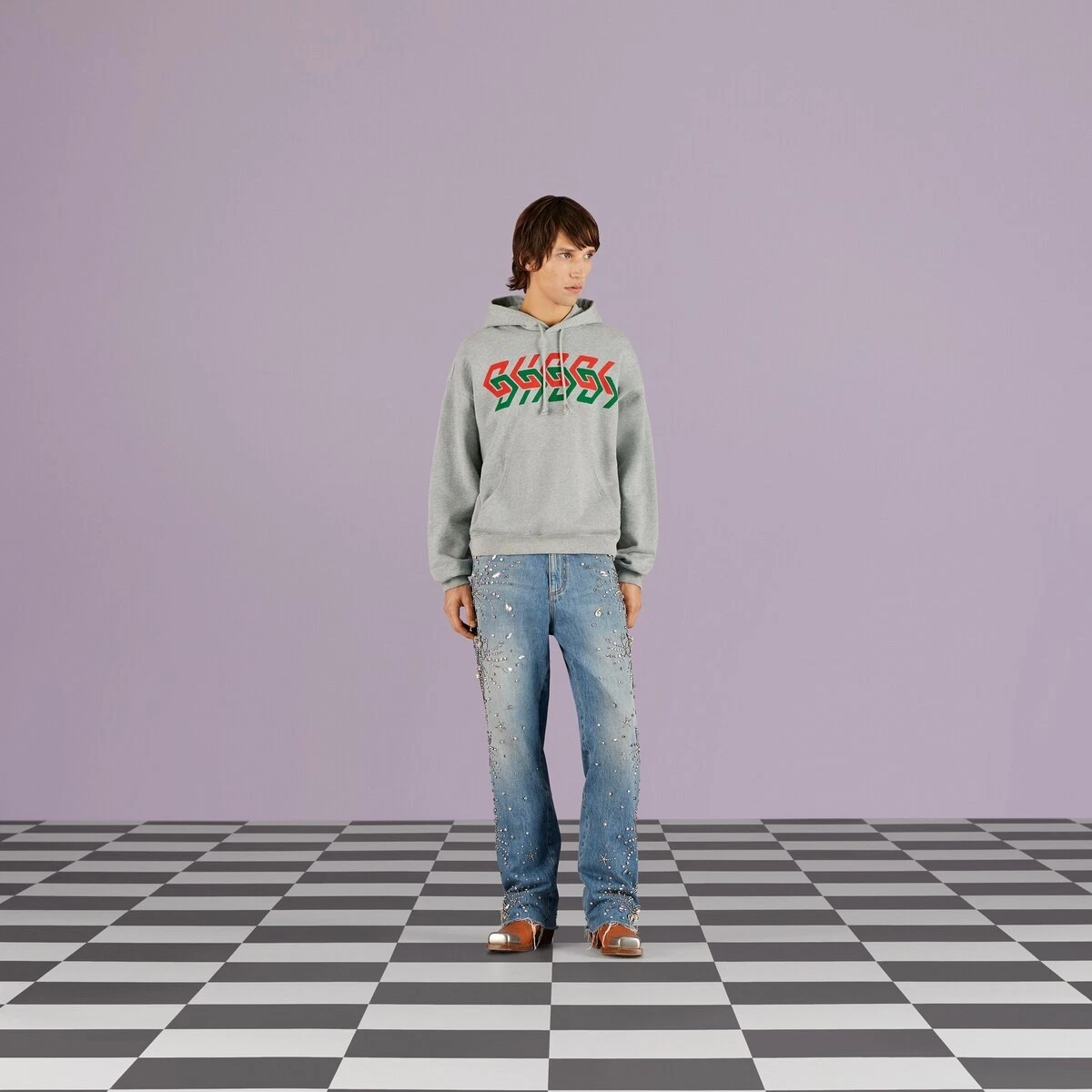 Felpa con cappuccio taglia M Gucci stampa catena grigio cotone rosso verde