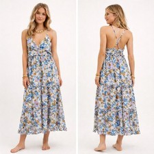 NWT Y2k Sz L Tiered Midi Maxi Sun Dress Floral Boho Cottagecore Fairy Beach