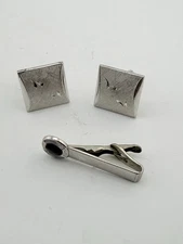 Matte And Shiny Silver Tone Cufflinks Plus Tie Clip With Dark Accent M34