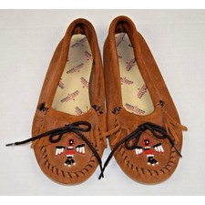 Leather Moccasins Minnetonka Size 8 Cinnamon Brown Suede Beaded Thunderbird