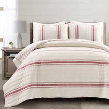 3pc King Farmhouse Stripe Reversible Quilt  Sham Set Red - Lush