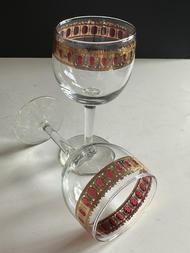 Vtg 22KT Gold Wine Glasses Culver Valencia Cranberry Scroll Set 2 MCM - Picture 6 of 15