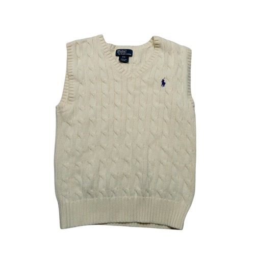 Polo By Ralph Lauren Sweater Vest Kids 8 White Cable Knit V Neck Logo Sleeveless