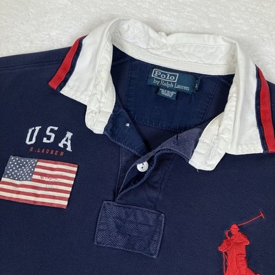 USA Flag Polo Shirt with Number 3 ビッグポニー VTG Polo Ralph Lauren Mens L Navy Pique Big Pony #3 USA Flag S/S