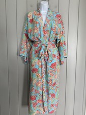 Natori Robe S Small Blue Floral Maxi Pink Kaftan Kimono Sleeve Flowy Belted