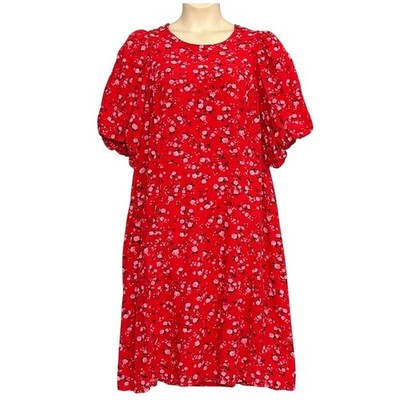 Old Navy Women Dress 3X Plus Red Pink Floral Puff Sleeve Smocked Keyhole Cottage