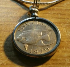 1970 Bermuda Angel Fish Coin Charm on an 18KGF 24" White Gold Filled Round Chain