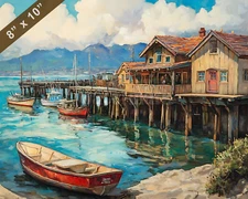 Monterey with Fishermans Wharf oil painting 8x10 Print