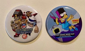 2 Promo Buttons for Free Comic Book Day: Bartman and NFL Rush Zone