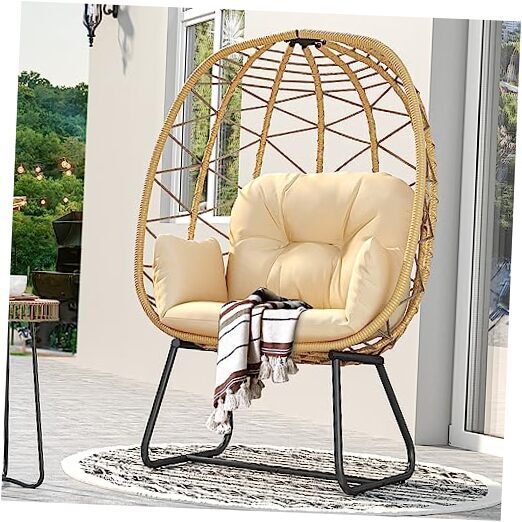 Egg Chair with Stand Outdoor Indoor Egg Lounge Chair with Cushion Wicker Beige