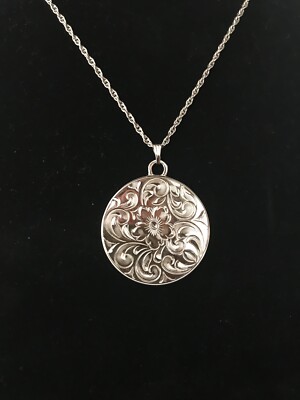 Vintage LaMode Sterling 21'' Necklace with 30mm Round Floral Pendant