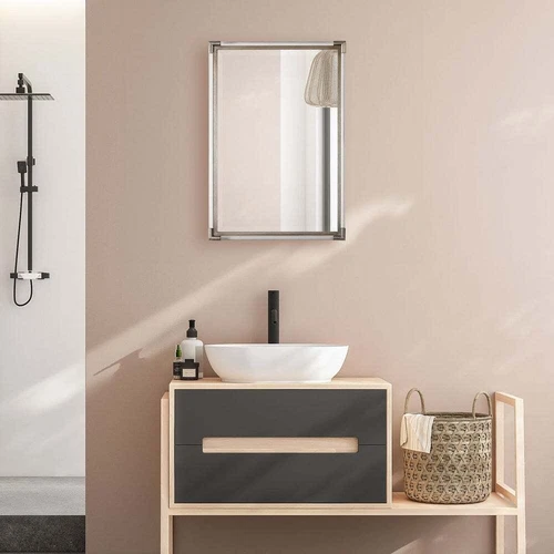 MACKAI MODERN 33" METALLIC SILVER METAL & ACRYLIC FRAME WALL VANITY MIRROR 09199 - Picture 2 of 3