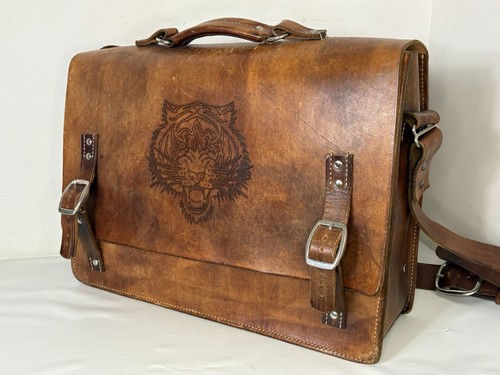 Vtg Leather Shoulder Messenger Bag Brown Satchel Tiger Art Portfolio Briefcase
