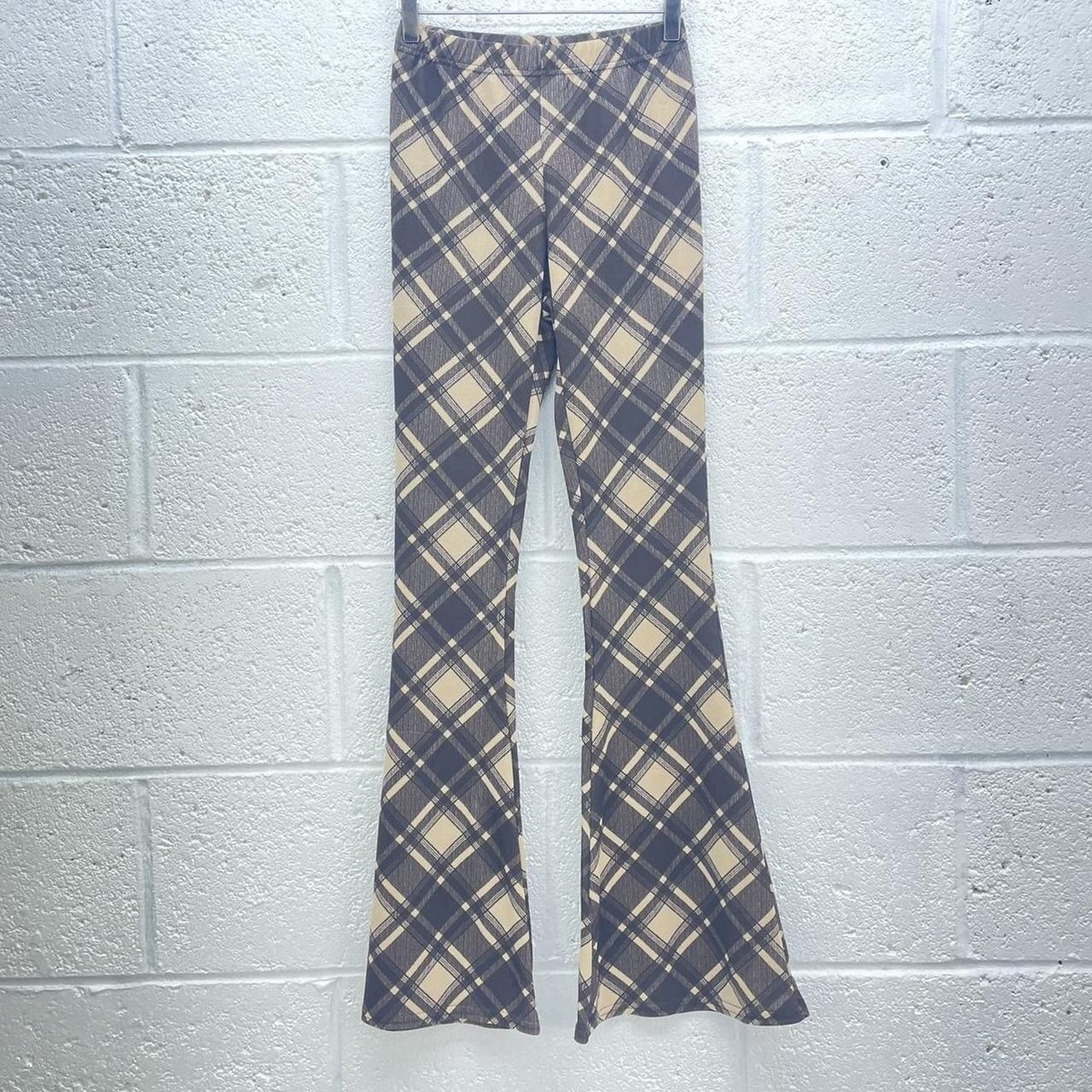 NASTYGAL BROWN TAN FLARE TROUSERS CREPE HIGH WAIST TARTAN PRINT CHECKERED  UK