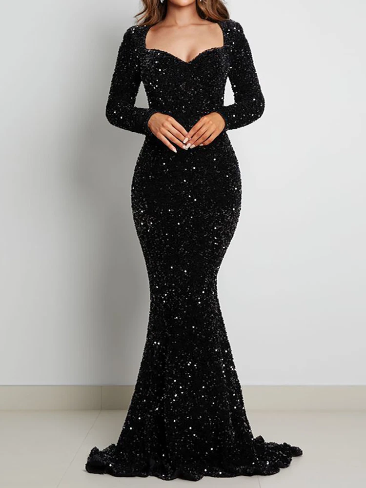 Mermaid Scoop See Through Black Long Sleeve Prom Dress Beaded Satin Ev –  SELINADRESS