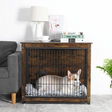 Heavy Duty Wooden Dog Kennel Metal Crate Pet Cage House & Tray Indoor End Table