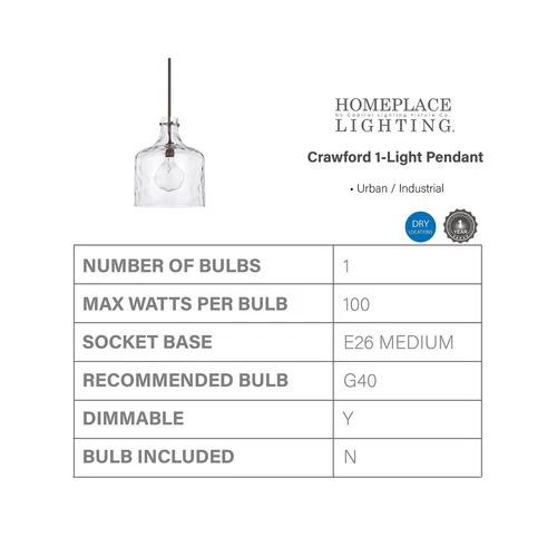 HomePlace Lighting 325717BZ Crawford Urban/Industrial Clear Water Glass Jar P... - Picture 3 of 3