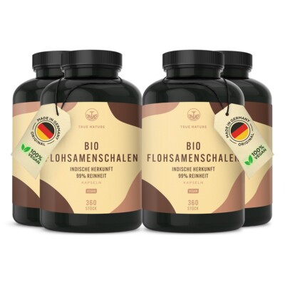 Bio Flohsamenschalen Kapseln - 4x360 Stück - Vegan & Made in DE - TRUE NATURE 