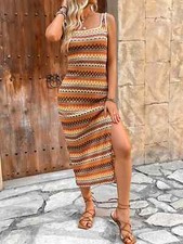 "Boho Geometric Print Square Neck Bodycon Knit Dress - High Slit Strap  Maxi