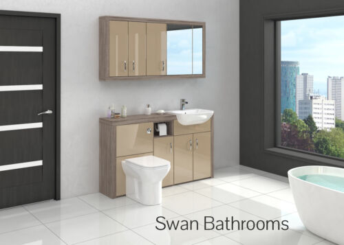 DRIFTWOOD / CAPPUCCINO GLOSS BATHROOM FITTED FURNITURE WITH WALL UNITS 1500MM