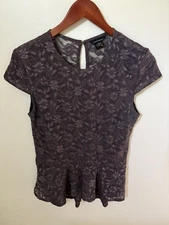 Vtg Y2K Moda International Top Womens M Gray Sheer Lace Peplum Grunge Goth Fairy