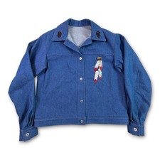 Vintage Handmade Denim Jacket Embroidered Native American Feathers Buffalo Large