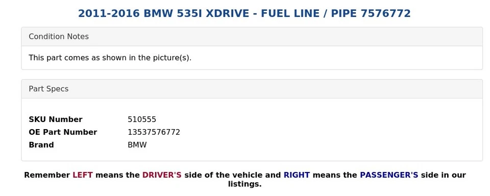 BMW 535I XDRIVE 2011-2016 - línea de combustible / tubo 7576772 Foto 3 de 3