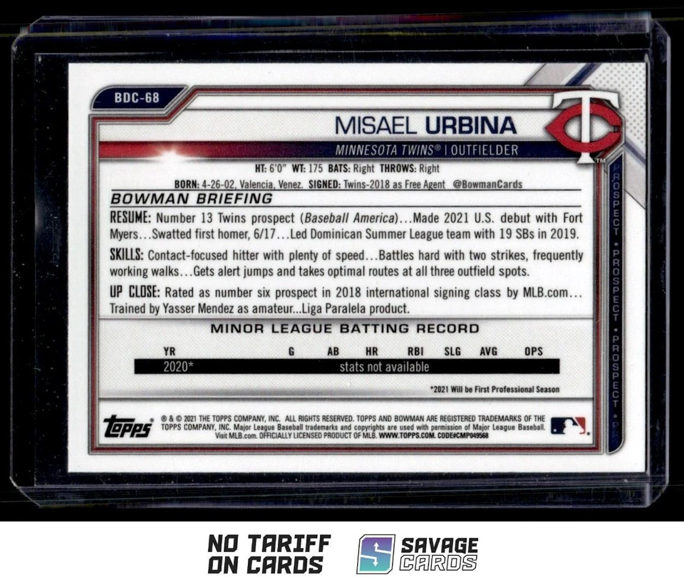2021 Bowman Draft Chrome Blue Refractor Misael Urbina #BDC-68 Minnesota Twins - Image 2 of 3
