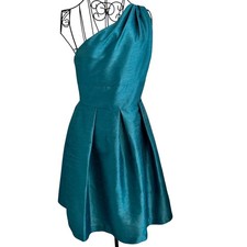 Vintage Y2K Alfred Sung Teal Raw Silk Look Pleated 1 Shoulder Dress Glam Luxury