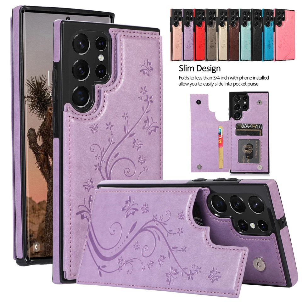 For Samsung S25 Ultra S24 Plus S23 Flower Pattern Leather Wallet Card Stand Case - Image 2 of 4