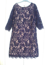 ~ M&S ~ SCALLOPED 3/4 Sleeve & Hem CRUISE EVE OCCASIONS LACE SHIFT DRESS Navy 20