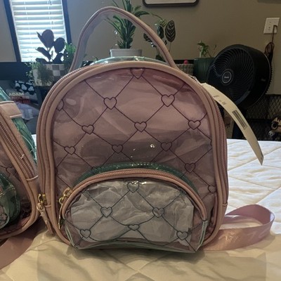 Betsey Johnson Girls Mini Backpack Clear Pink Hearts Bag Charm Zip Closure