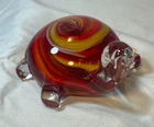 Murano Style Art Glass Turtle Paperweight Red Yellow White Swirl