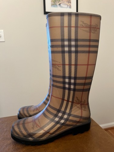 Burberry Rain Boots Women Size 37 Beige Check Plaid Rubber Knee High