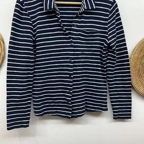 Barbour Navy Blue White Preppy Stripe Long Sleeve Button Knit Merseyside Shirt 6 - Picture 5 of 8
