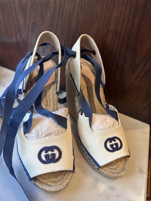 Gucci Espadrille Wedge Ribbon Tie White/Navy NIB 37 1/2 US 7