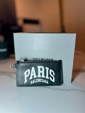 Balenciaga Grained Calfskin Paris Logo Cash Coin Card Holder On Keychain Black