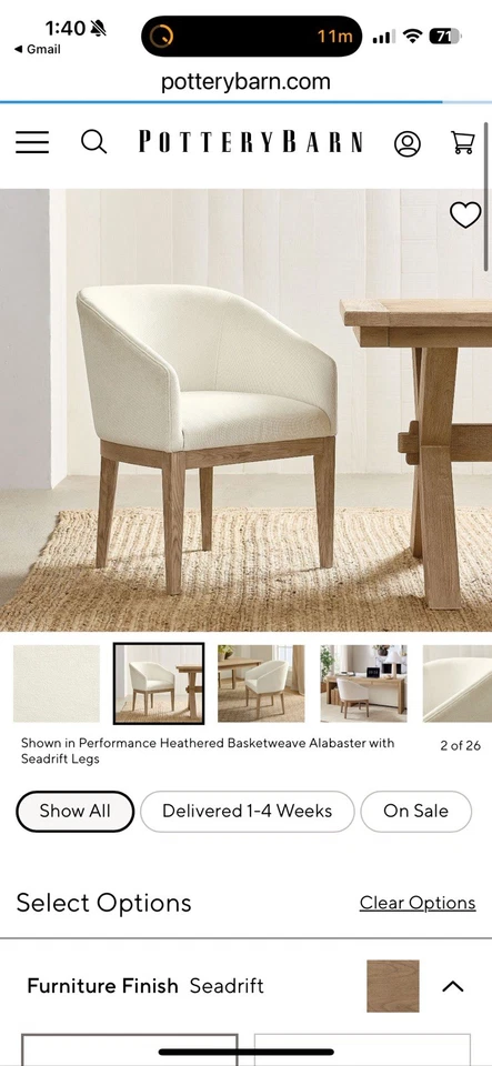 Baldwin Мягкое Деревянное Основание Обеденный Стул, Seadrift, Ветреный Шениль Белый x4 - Изображение 4 из 4