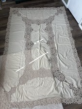 Vintage Victorian Tablecloth Ivory Color w/ Embroidered Lace 60