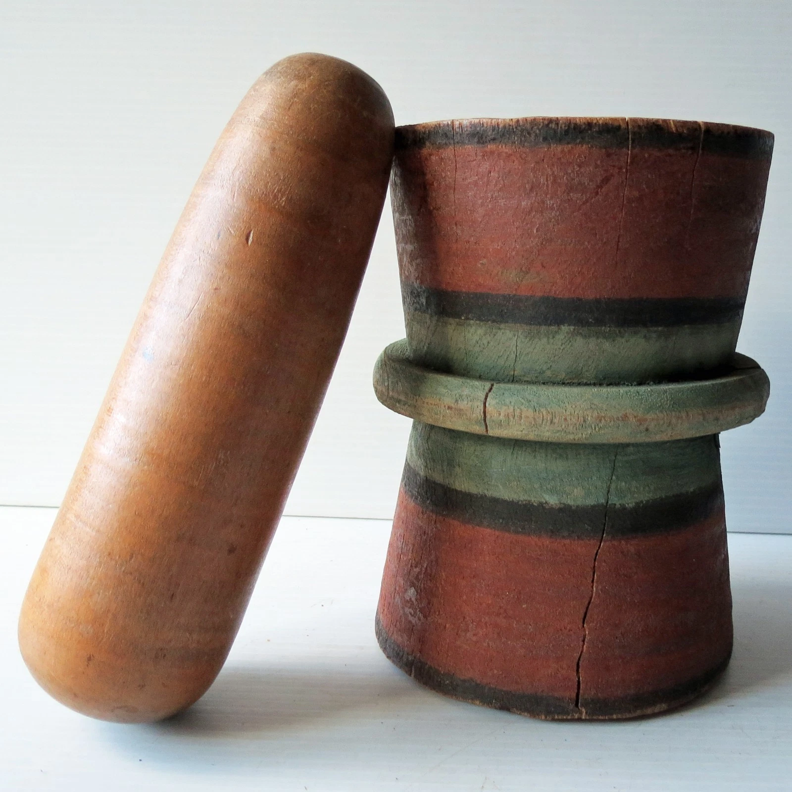 Antique Hand Turned MORTAR & PESTLE w/ Folk Art Paint 6 3/4"