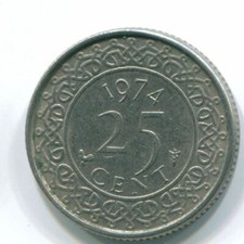 25 CENTS 1974 SURINAME Netherlands Nickel Colonial Coin #S11234C