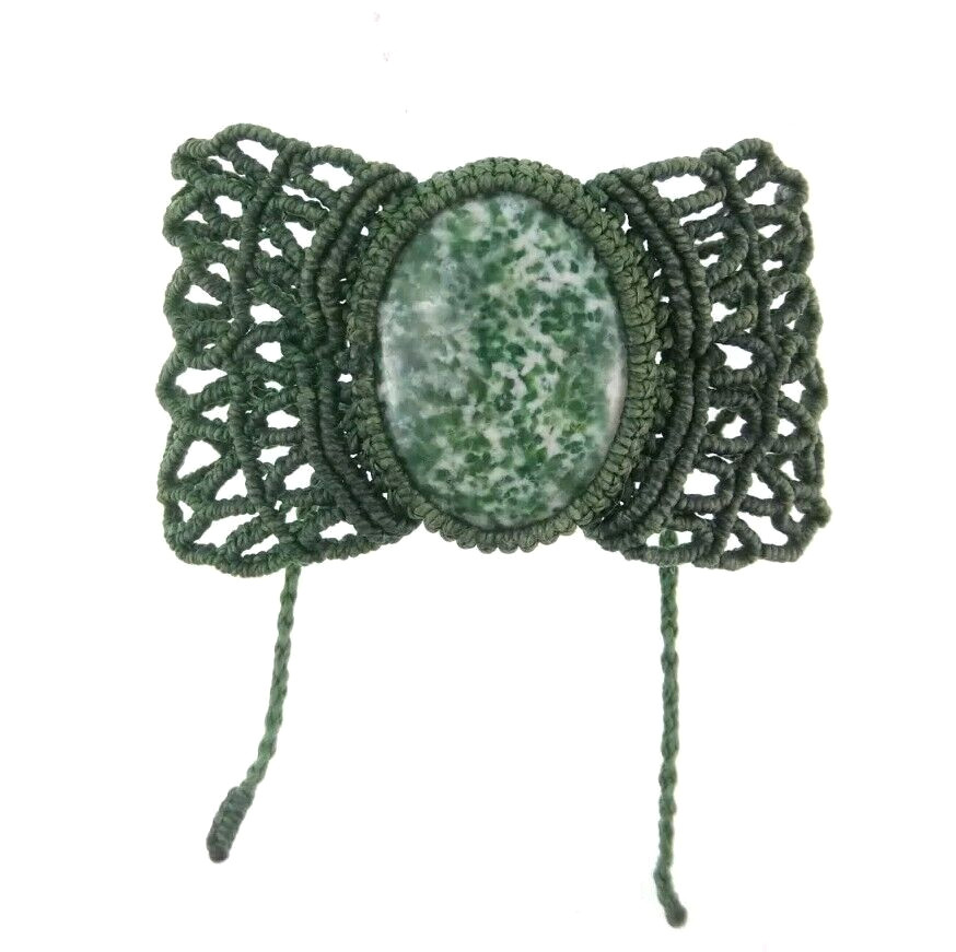 6.5" Macrame Green Tree Agate? Boho Bracelet Wide Adjustable