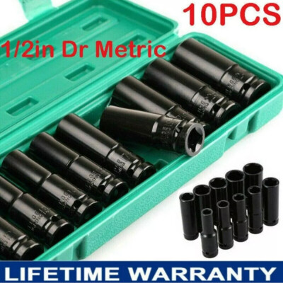 Impact Sockets Set 1/2Inch Drive 10 PCS Metric 10mm-24mm Deep 6-Point Set w/case