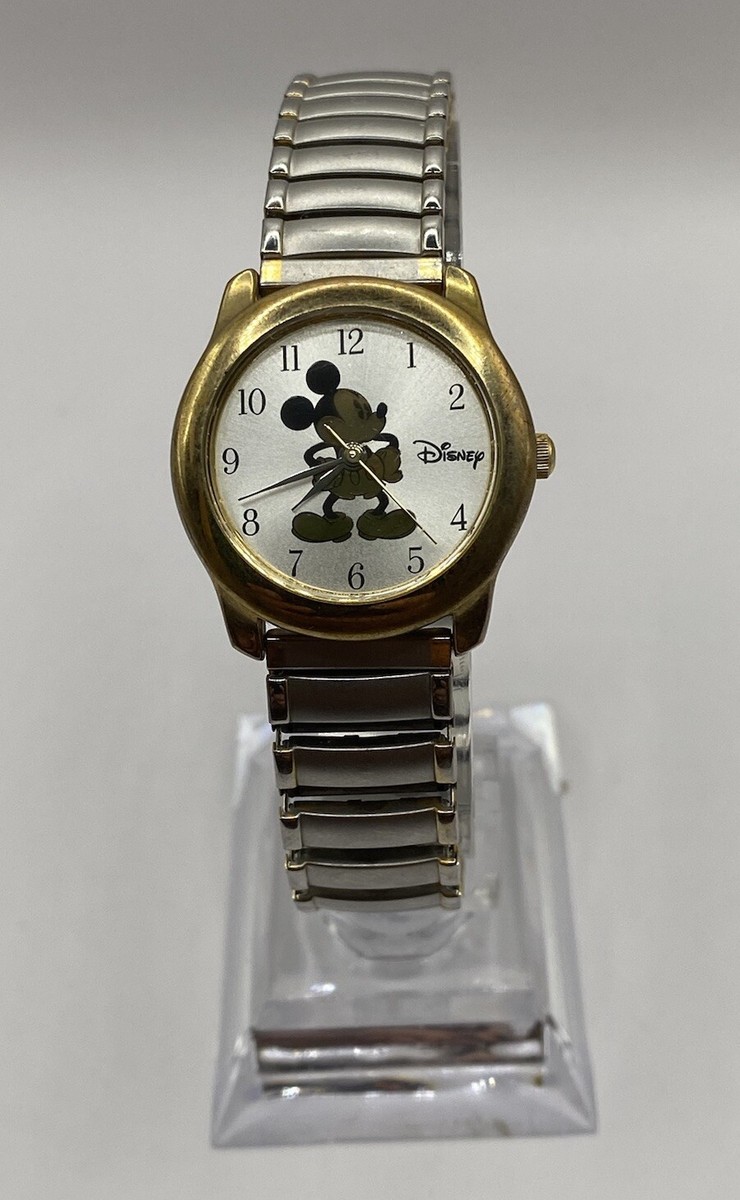 DISNEY MICKEY MOUSE WATCH GOLD TONE STRETCH METAL BAND