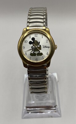 DISNEY MICKEY MOUSE WATCH GOLD TONE STRETCH METAL BAND