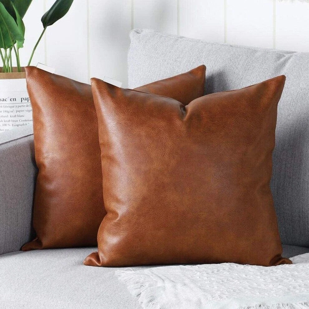 Faux Leather Throw Pillow Covers, Set of 2 Brown Modern Couch Cushion Covers