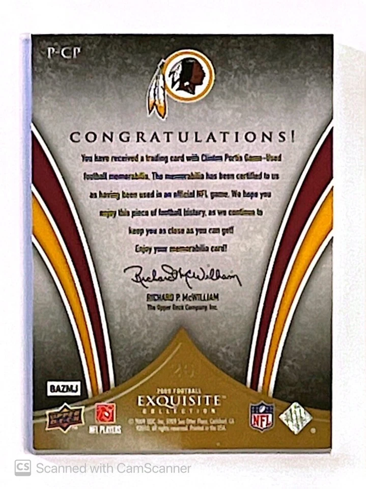 2009 UD Exquisite Collection Clinton Portis 2 Color Jersey Patch /40 Redskins - Image 2 of 2